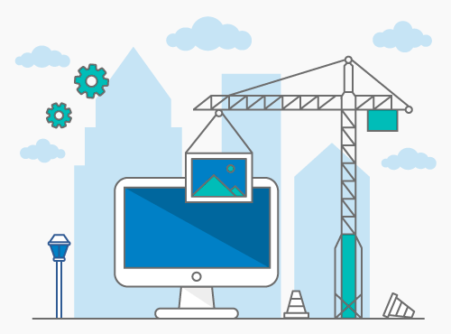 Im Hintergrund sind Hochhäuser zu sehen, vorne sind ein Bildschirm und ein Kran, der das Symbol für Bild hievt.